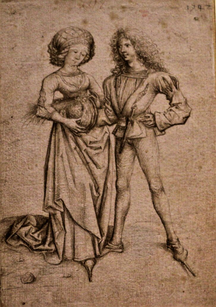 Mistrz księgi domowej. Stojąca para. 1475. Grafika z wystawy w Gemäldegalerie w 2021. Fot. Jerzy S. Majewski